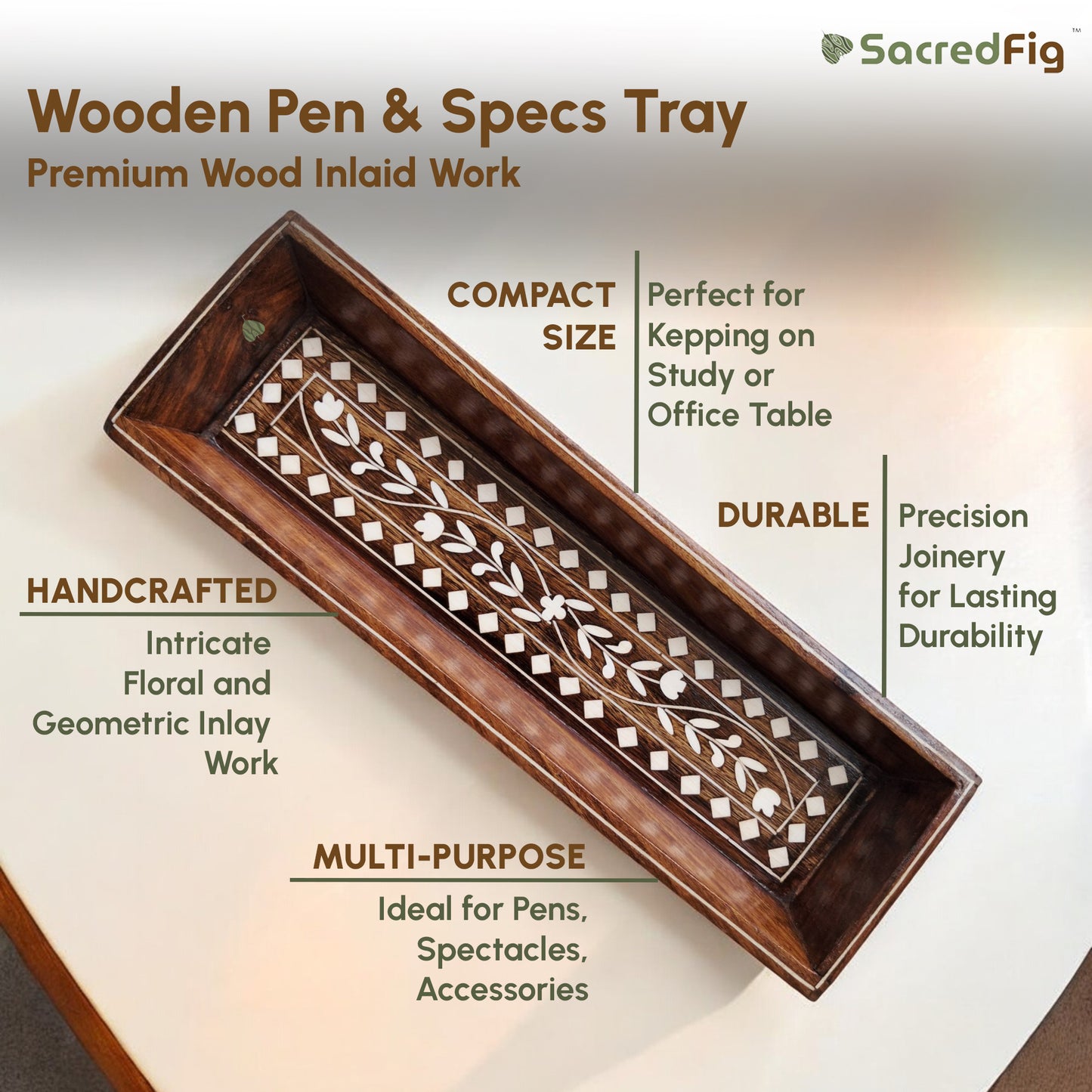 SacredFig Premium Pen & Specs Tray | Decorative Pen Tray in Sheesham Wood with Inlaid Work - SD010| 11 ×4 in