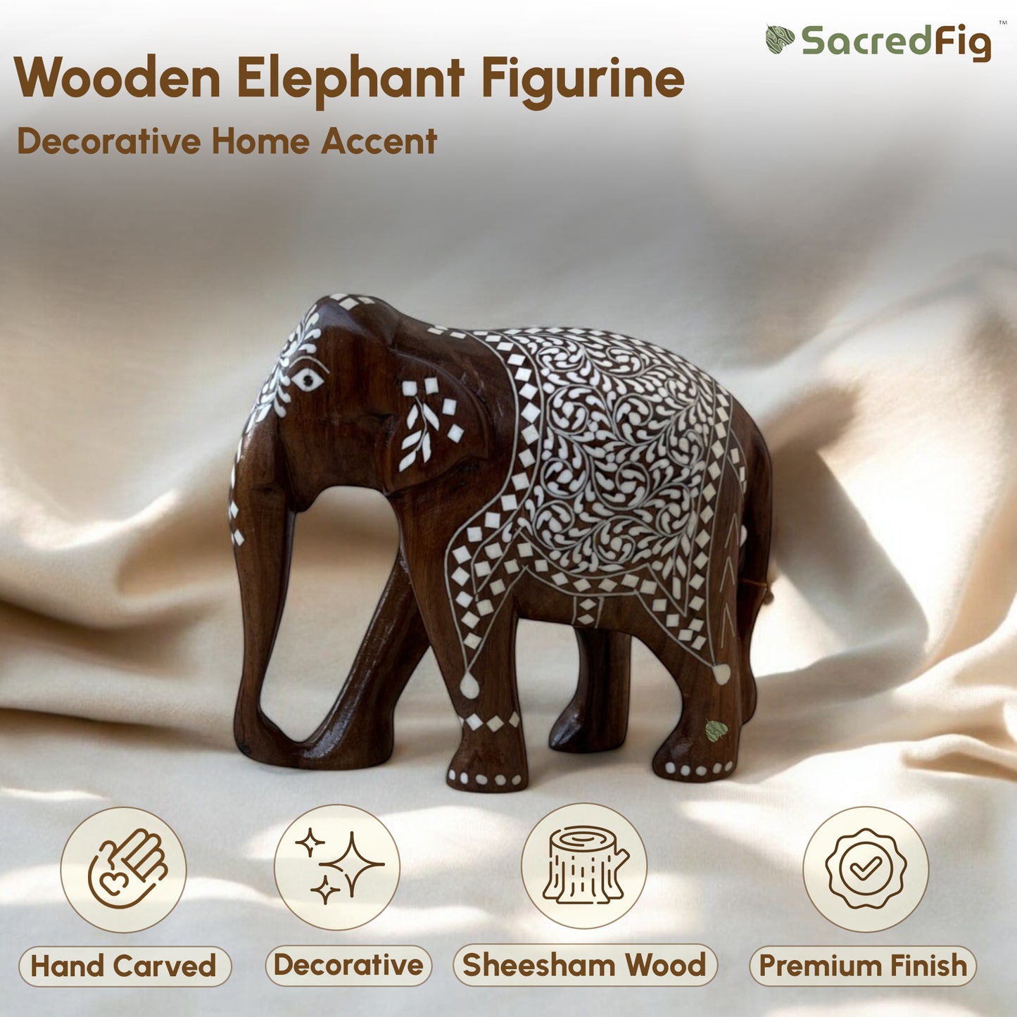 SacredFig Indian Elephants in White Work on Sheesham Wood (3,4,5,6 in) | Premium Home Decor