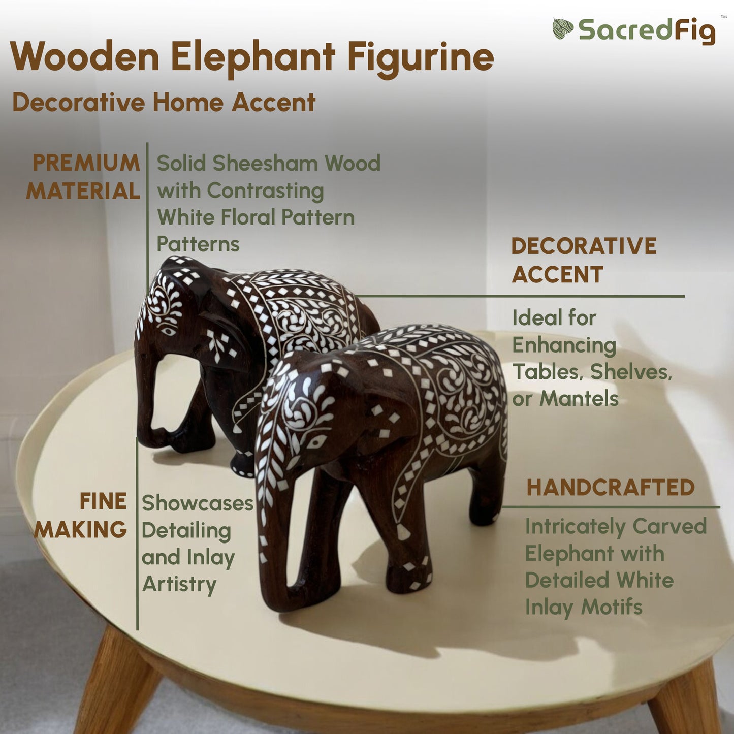 SacredFig Indian Elephants in White Work on Sheesham Wood (3,4,5,6 in) | Premium Home Decor