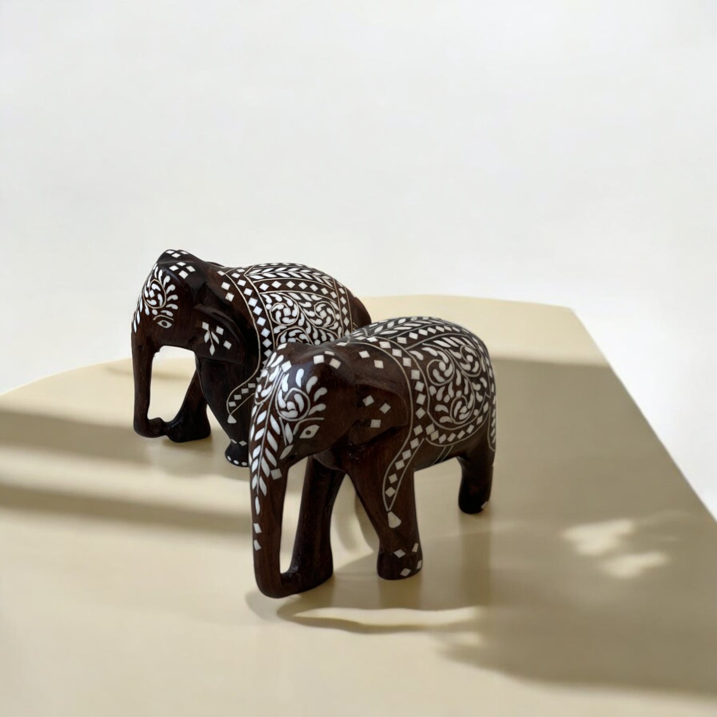 SacredFig Indian Elephants in White Work on Sheesham Wood (3,4,5,6 in) | Premium Home Decor