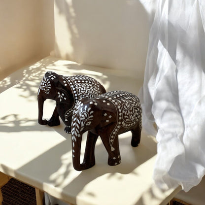 SacredFig Indian Elephants in White Work on Sheesham Wood (3,4,5,6 in) | Premium Home Decor