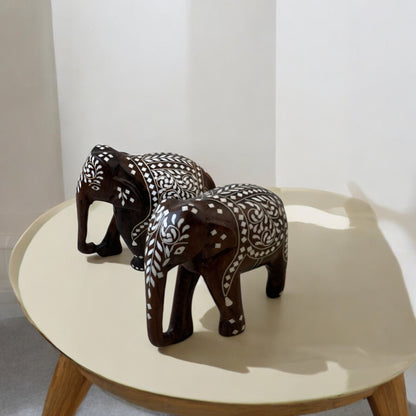 SacredFig Indian Elephants in White Work on Sheesham Wood (3,4,5,6 in) | Premium Home Decor