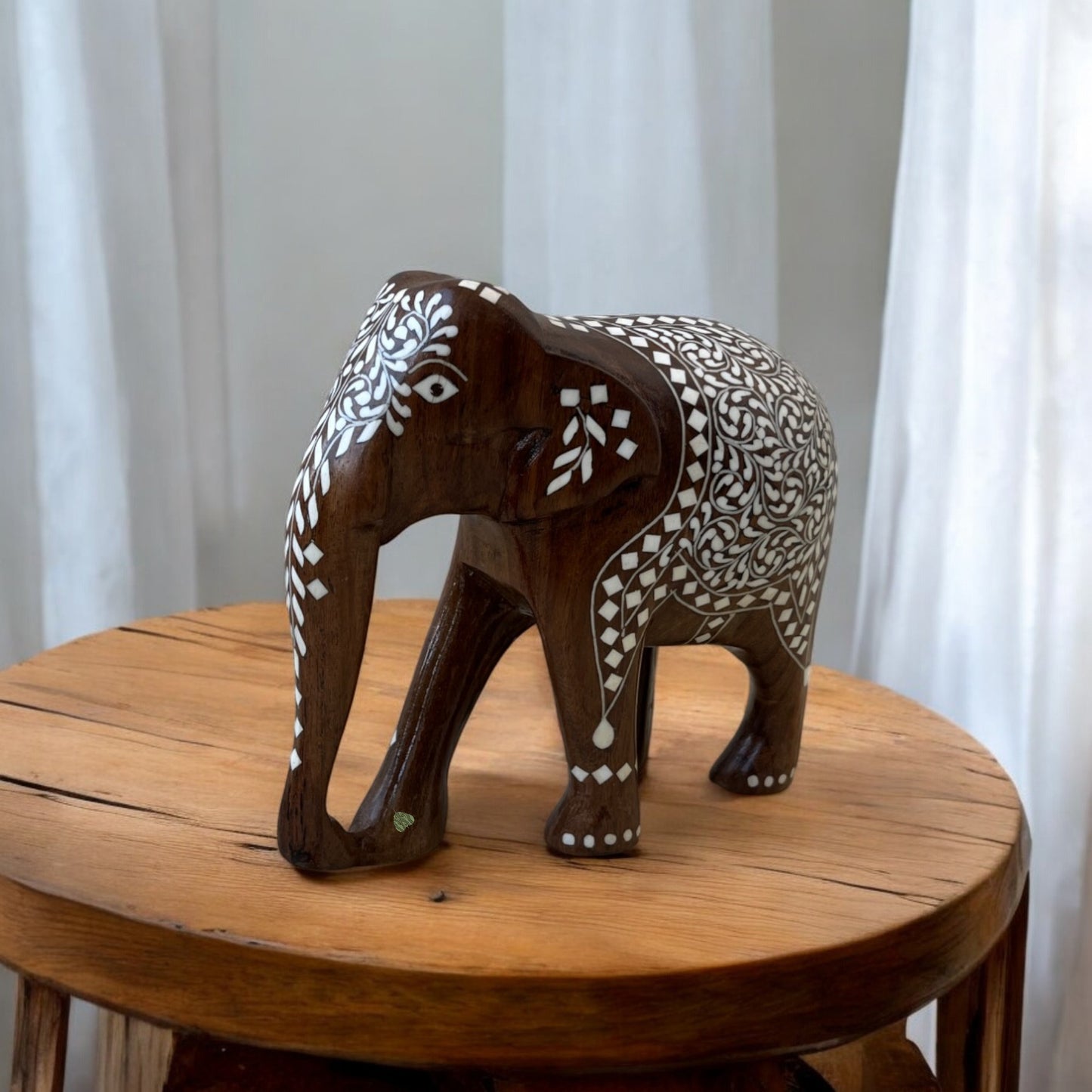 SacredFig Indian Elephants in White Work on Sheesham Wood (3,4,5,6 in) | Premium Home Decor