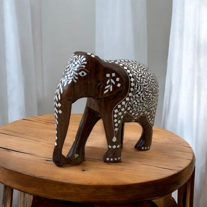 SacredFig Indian Elephants in White Work on Sheesham Wood (3,4,5,6 in) | Premium Home Decor