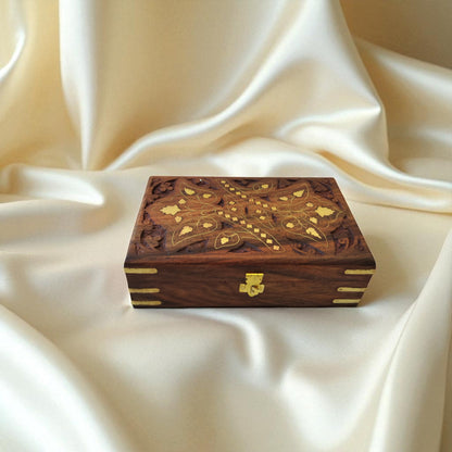 SacredFig Wooden Inlay Jewellery Box – Set of 3 | Brass Floral Design | Handcrafted Storage for Jewellery & Keepsakes