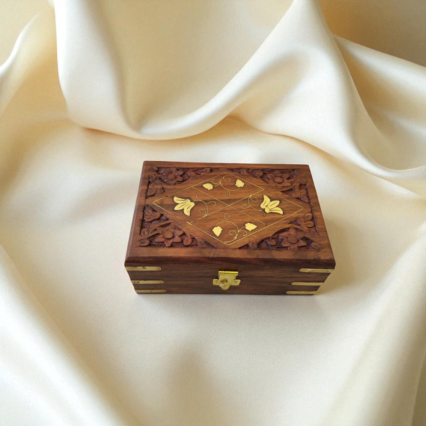 SacredFig Wooden Jewellery Box – Set of 3 | Geometric 4 Flower Design | Handcrafted Storage for Jewellery & Treasures