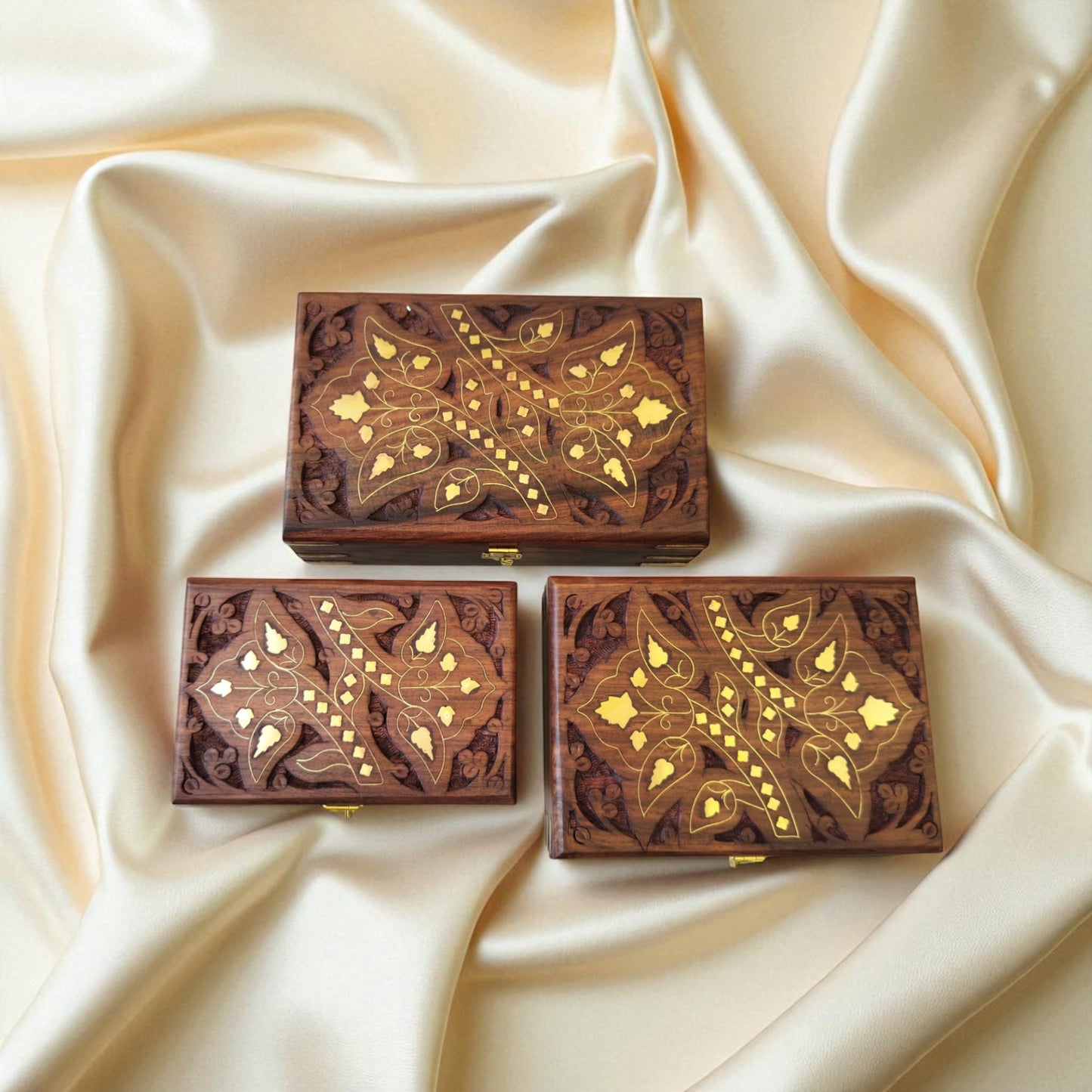 SacredFig Wooden Inlay Jewellery Box – Set of 3 | Brass Floral Design | Handcrafted Storage for Jewellery & Keepsakes