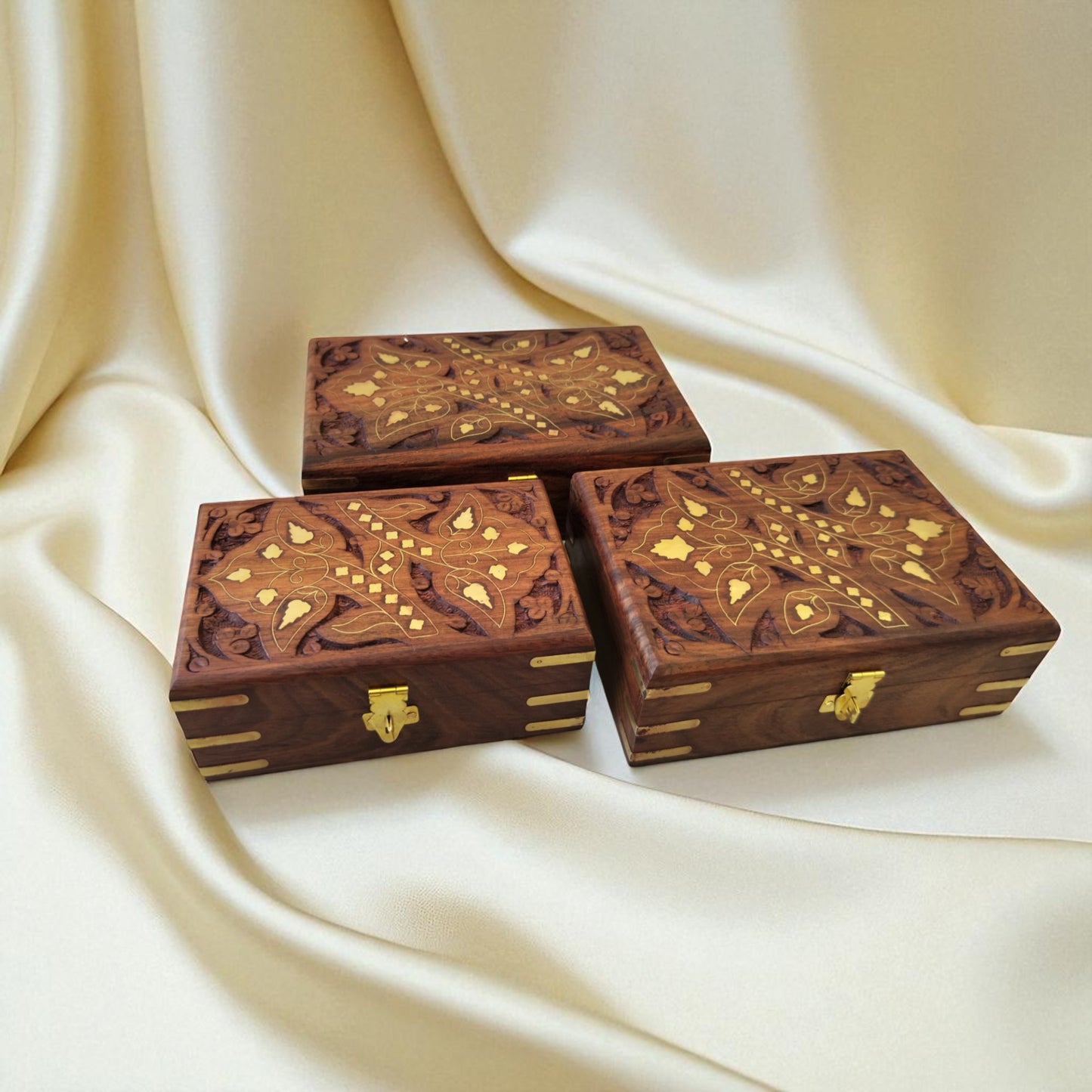 SacredFig Wooden Inlay Jewellery Box – Set of 3 | Brass Floral Design | Handcrafted Storage for Jewellery & Keepsakes