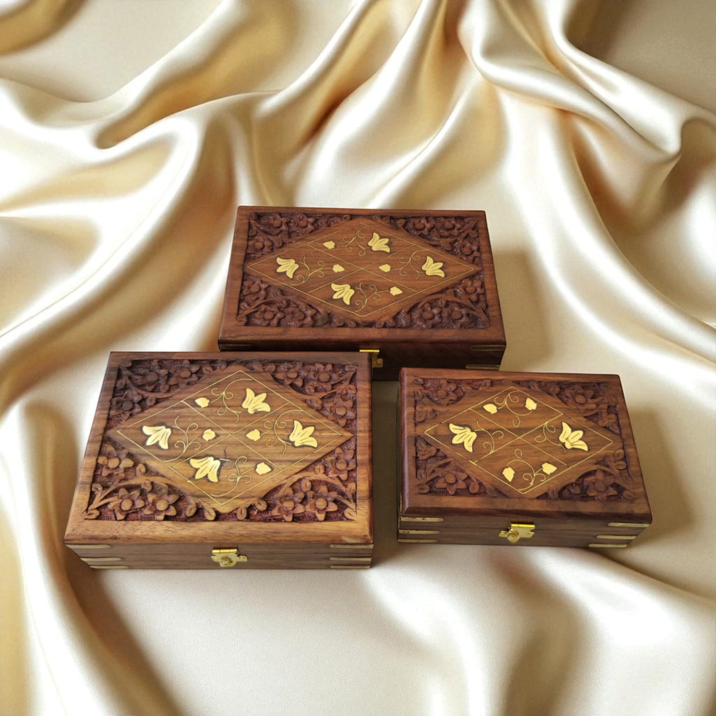 SacredFig Wooden Jewellery Box – Set of 3 | Geometric 4 Flower Design | Handcrafted Storage for Jewellery & Treasures