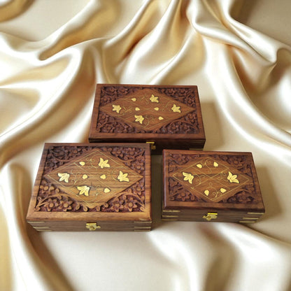 SacredFig Wooden Jewellery Box – Set of 3 | Geometric 4 Flower Design | Handcrafted Storage for Jewellery & Treasures