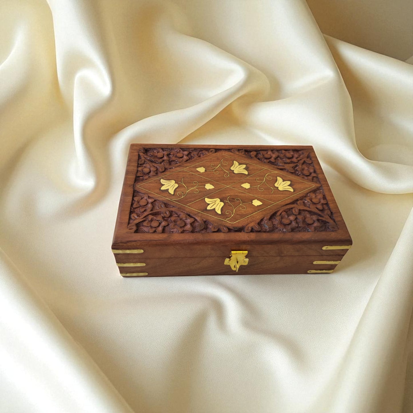 SacredFig Wooden Jewellery Box – Set of 3 | Geometric 4 Flower Design | Handcrafted Storage for Jewellery & Treasures