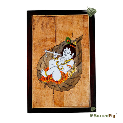 Lord Krishna on Leaf Decorative Frame for Spiritual Home Decor