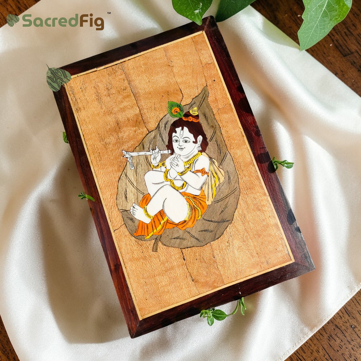 Lord Krishna on Leaf Decorative Frame for Spiritual Home Decor