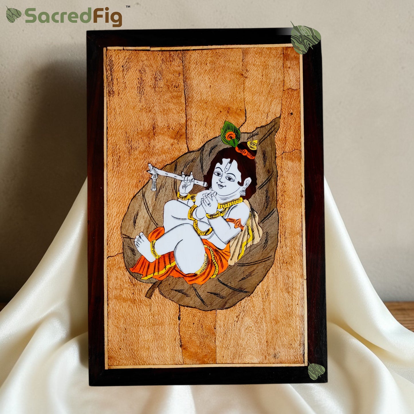 Lord Krishna on Leaf Decorative Frame for Spiritual Home Decor