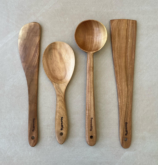 SacredFig Wooden Spatula Set – Neem Wood | Set of 4 | Natural & Durable Utensils for Everyday Cooking
