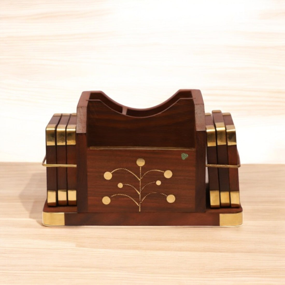 Wooden Coaster Set with Pen Stand - Sheesham Wood | 9 × 4 in