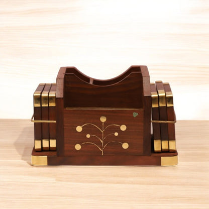 Wooden Coaster Set with Pen Stand - Sheesham Wood | 9 × 4 in