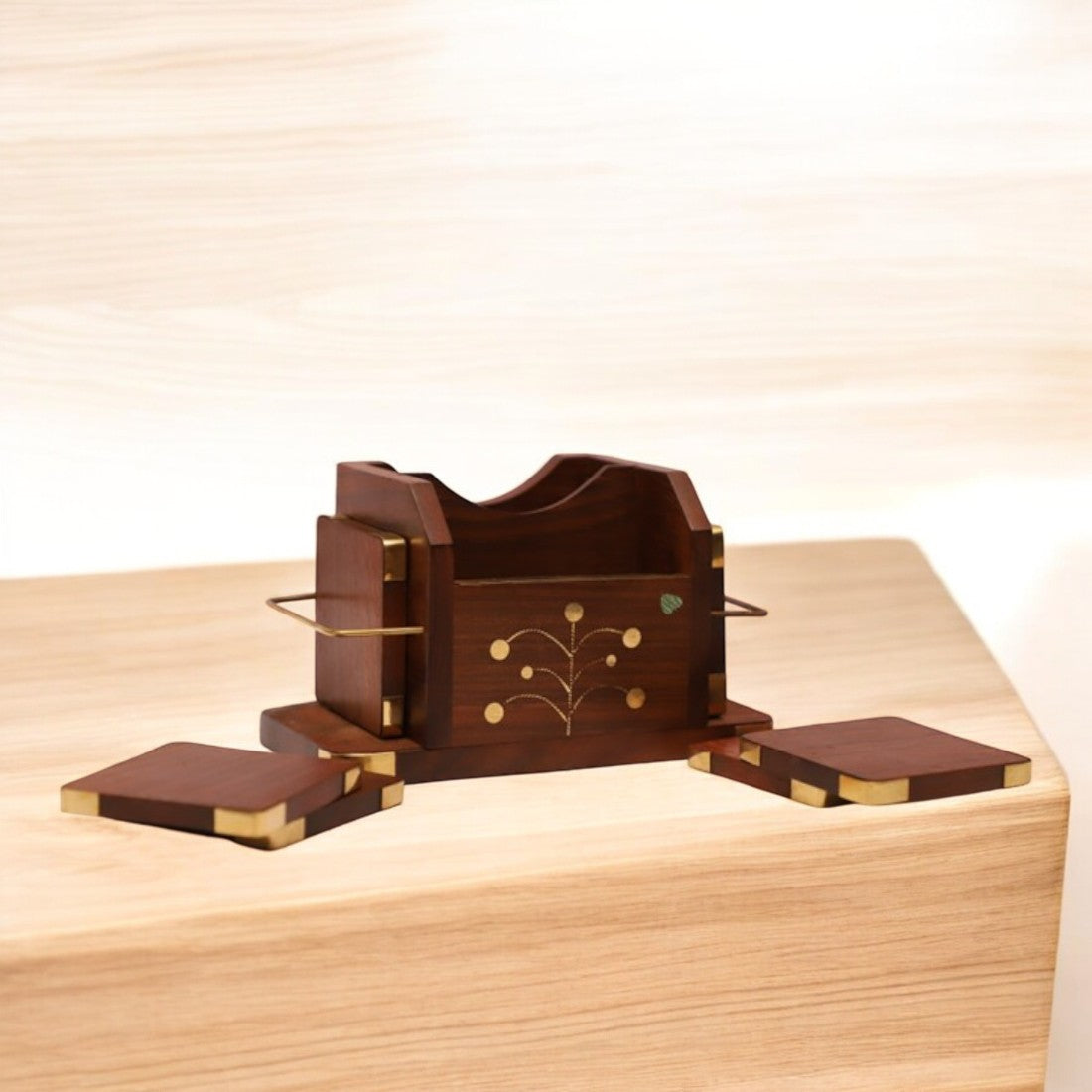 Wooden Coaster Set with Pen Stand - Sheesham Wood | 9 × 4 in