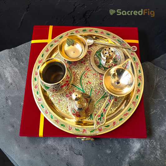 Premium Brass Pooja Thali Set with Meenakari Work, Aarti Thali, with Red Velvet Box | 8 in