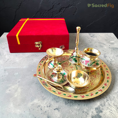 Premium Brass Pooja Thali Set with Meenakari Work, Aarti Thali, with Red Velvet Box | 8 in
