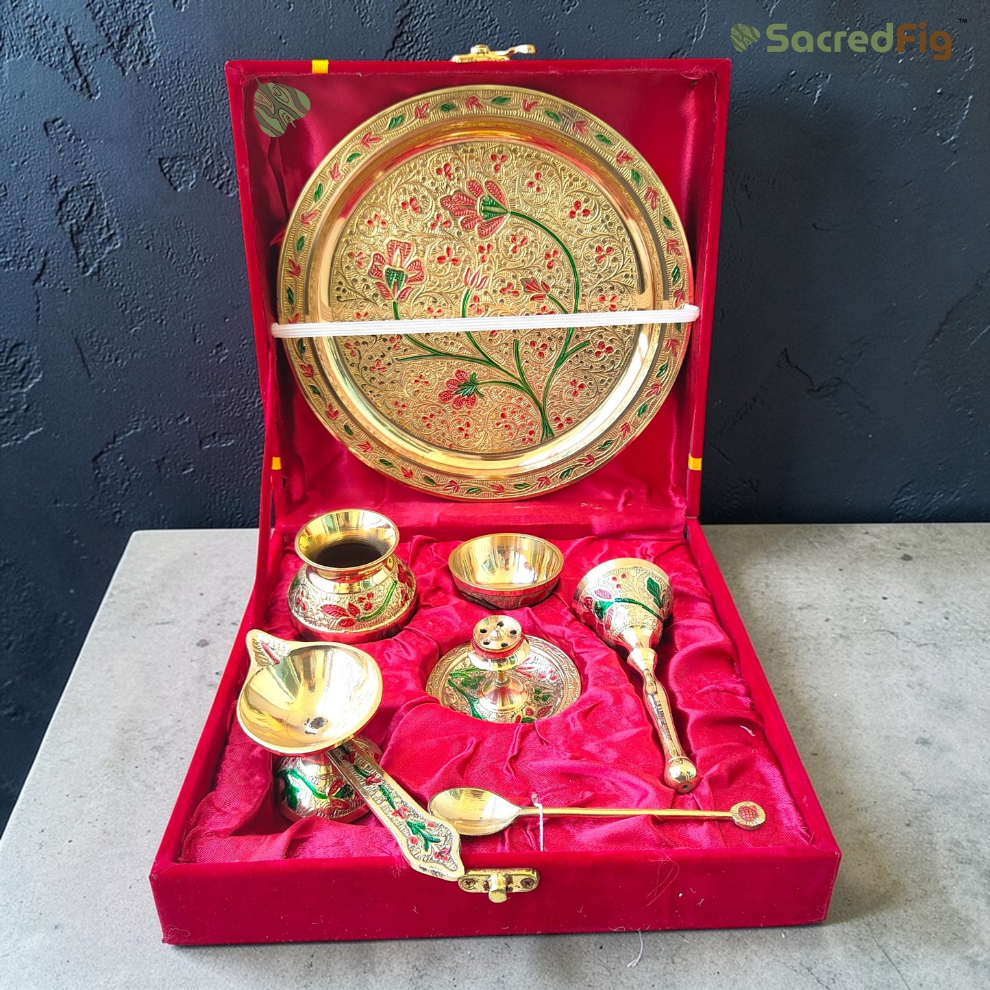 Premium Brass Pooja Thali Set with Meenakari Work, Aarti Thali, with Red Velvet Box | 8 in