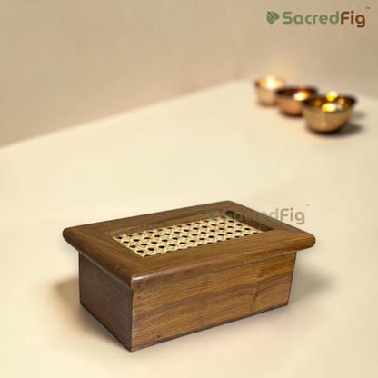 SacredFig Premium Sheesham & Rattan Dry Fruit Box | Luxury Wooden Gift Box, Hamper & Storage Box | S - 9 x 5.5 x 3.7 In