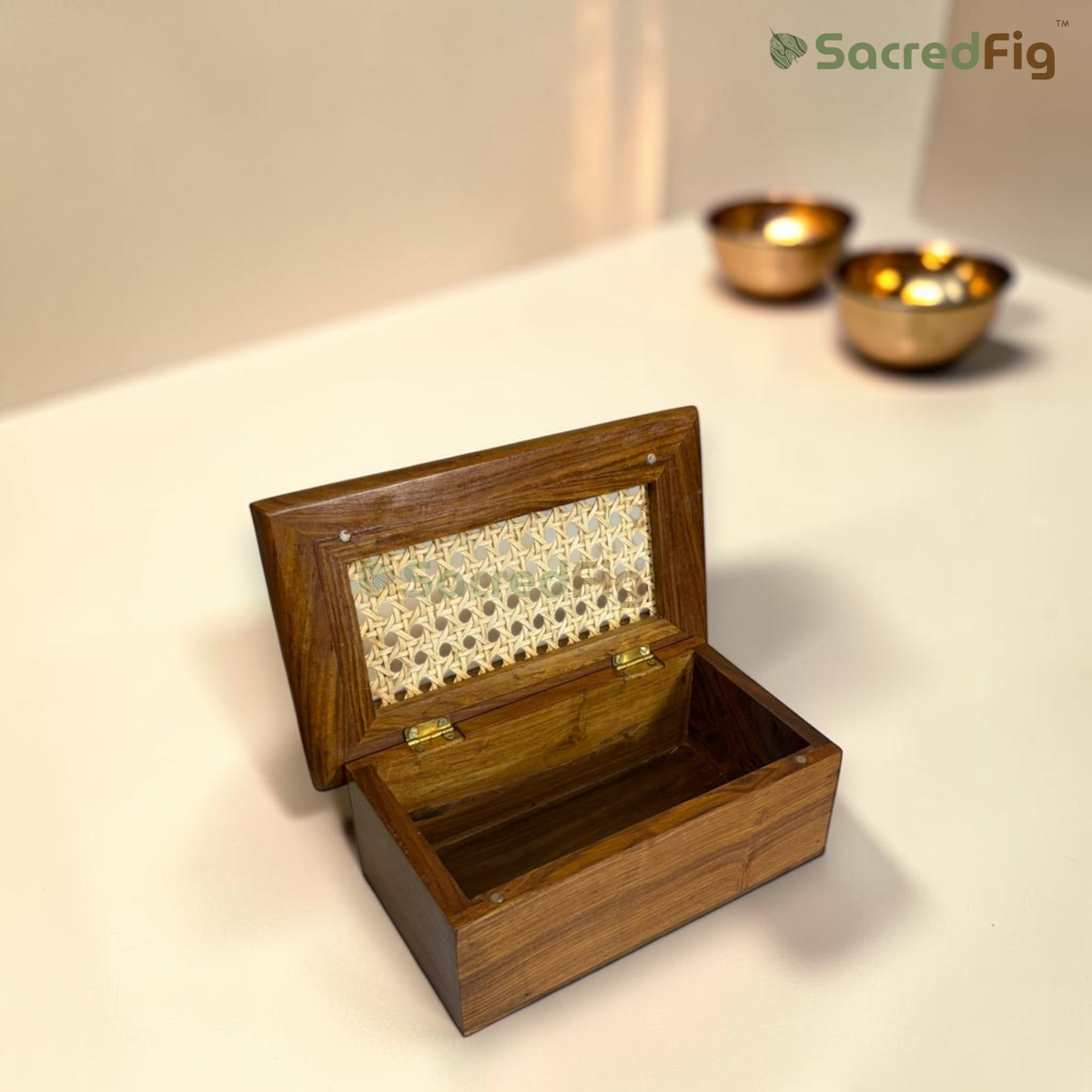 SacredFig Premium Sheesham & Rattan Dry Fruit Box | Luxury Wooden Gift Box, Hamper & Storage Box | S - 9 x 5.5 x 3.7 In