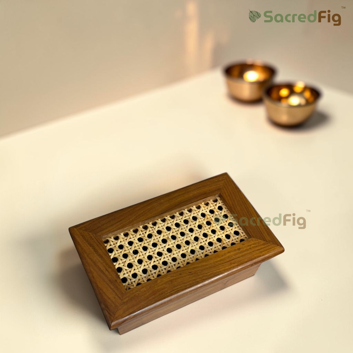 SacredFig Premium Sheesham & Rattan Dry Fruit Box | Luxury Wooden Gift Box, Hamper & Storage Box | S - 9 x 5.5 x 3.7 In