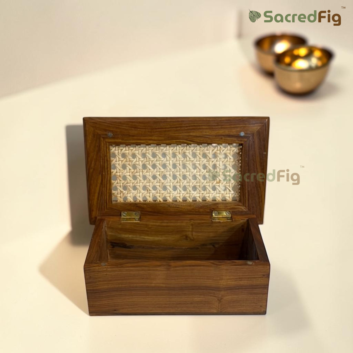 SacredFig Premium Sheesham & Rattan Dry Fruit Box | Luxury Wooden Gift Box, Hamper & Storage Box | S - 9 x 5.5 x 3.7 In