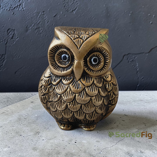 SacredFig  Brass Owl Idol – Matte gold  Finish | Decorative & Vastu Showpiece | (9x8) cm