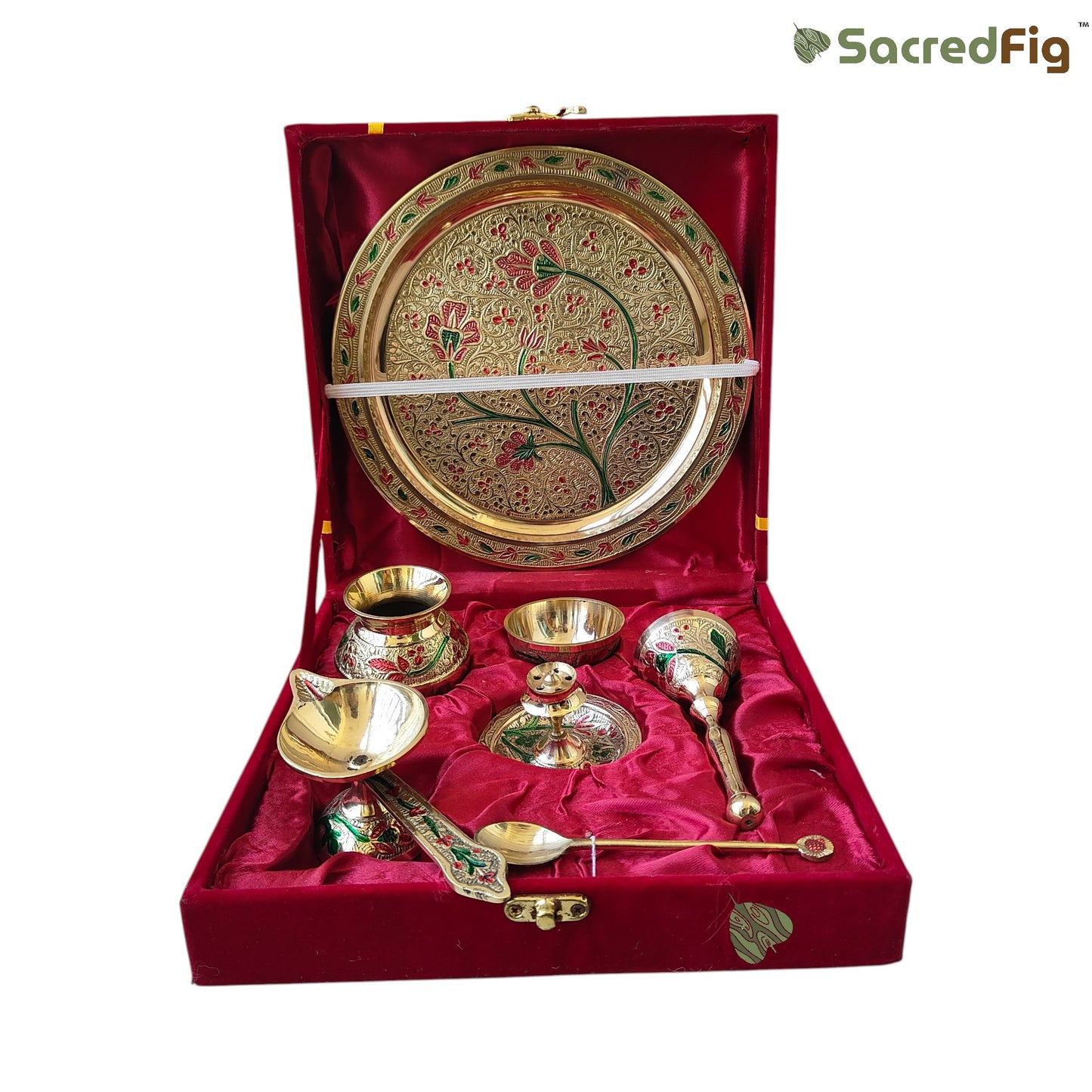Premium Brass Pooja Thali Set with Meenakari Work, Aarti Thali, with Red Velvet Box | 8 in