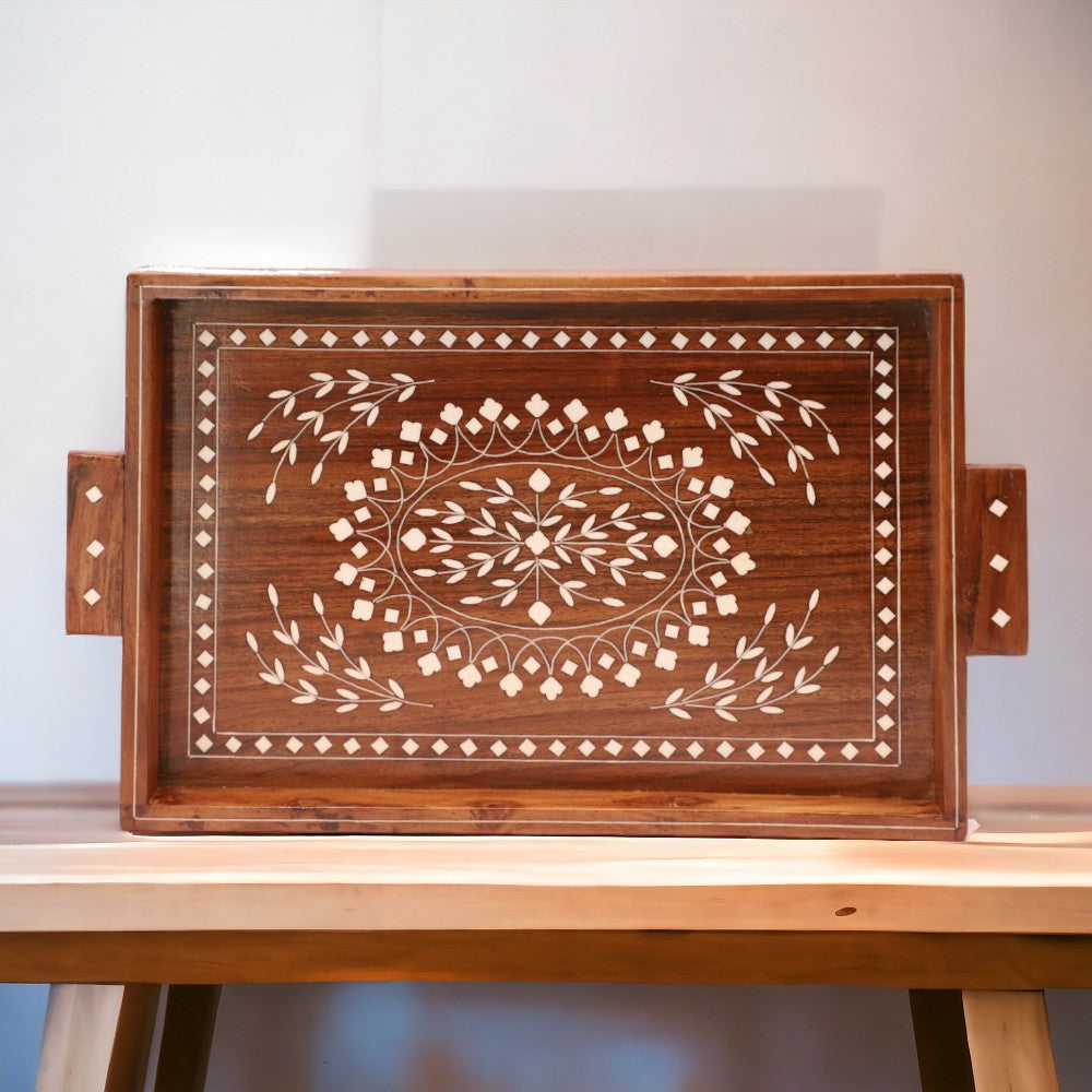 Premium Decorative Tray | Made in Sheesham Wood | White Inlay Work