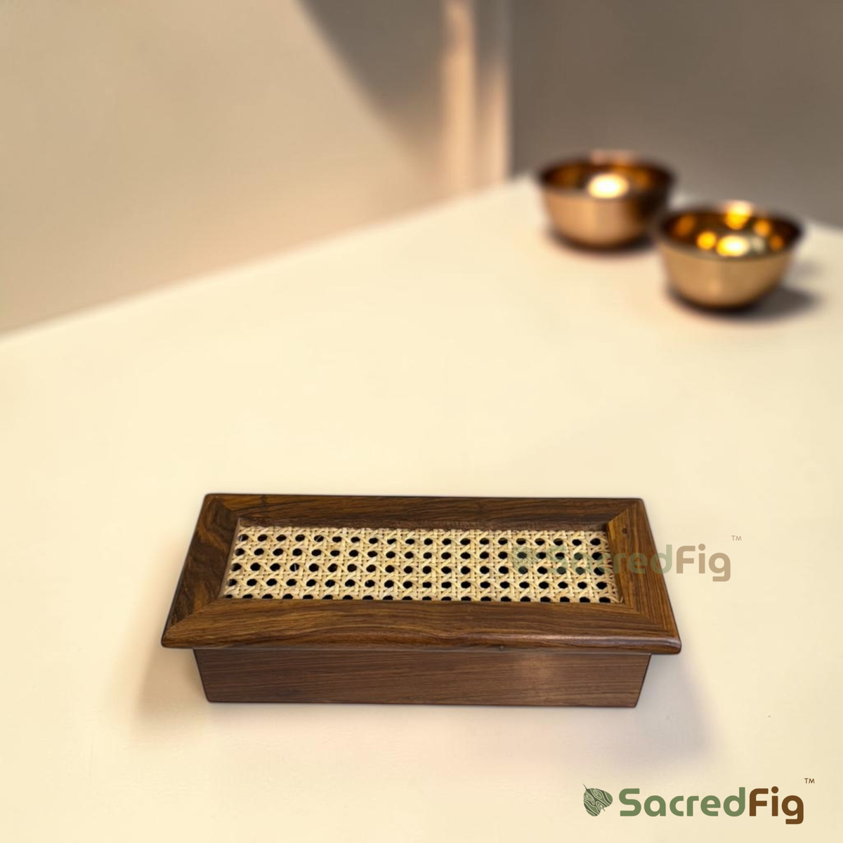 SacredFig Premium Sheesham & Rattan Dry Fruit Box | Luxury Wooden Gift Box, Hamper & Storage Box | S - 12.5 x 5.5 x 3.7 In