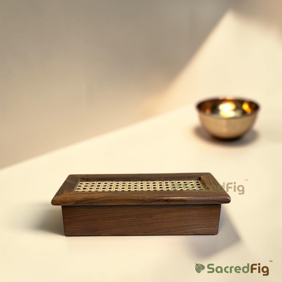SacredFig Premium Sheesham & Rattan Dry Fruit Box | Luxury Wooden Gift Box, Hamper & Storage Box | S - 12.5 x 5.5 x 3.7 In