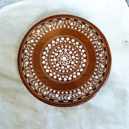 SacredFig Premium Decorative Coffee Table in Hand carved White Work on Sheesham Wood - Round shape, 12 in (d)