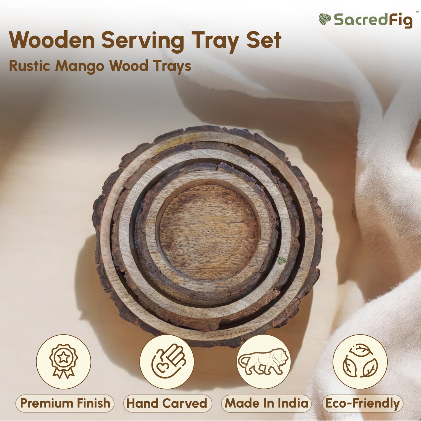 SacredFig Rustic Mango Round Wood Trays| Set of 3 Serving and Decorative Trays | S,M,L sizes