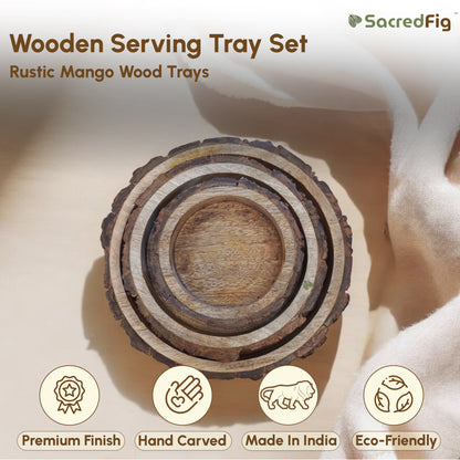 SacredFig Rustic Mango Round Wood Trays| Set of 3 Serving and Decorative Trays | S,M,L sizes