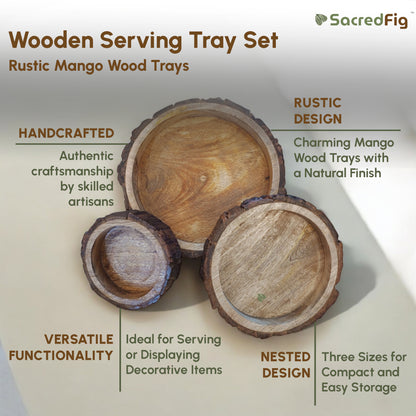 SacredFig Rustic Mango Round Wood Trays| Set of 3 Serving and Decorative Trays | S,M,L sizes