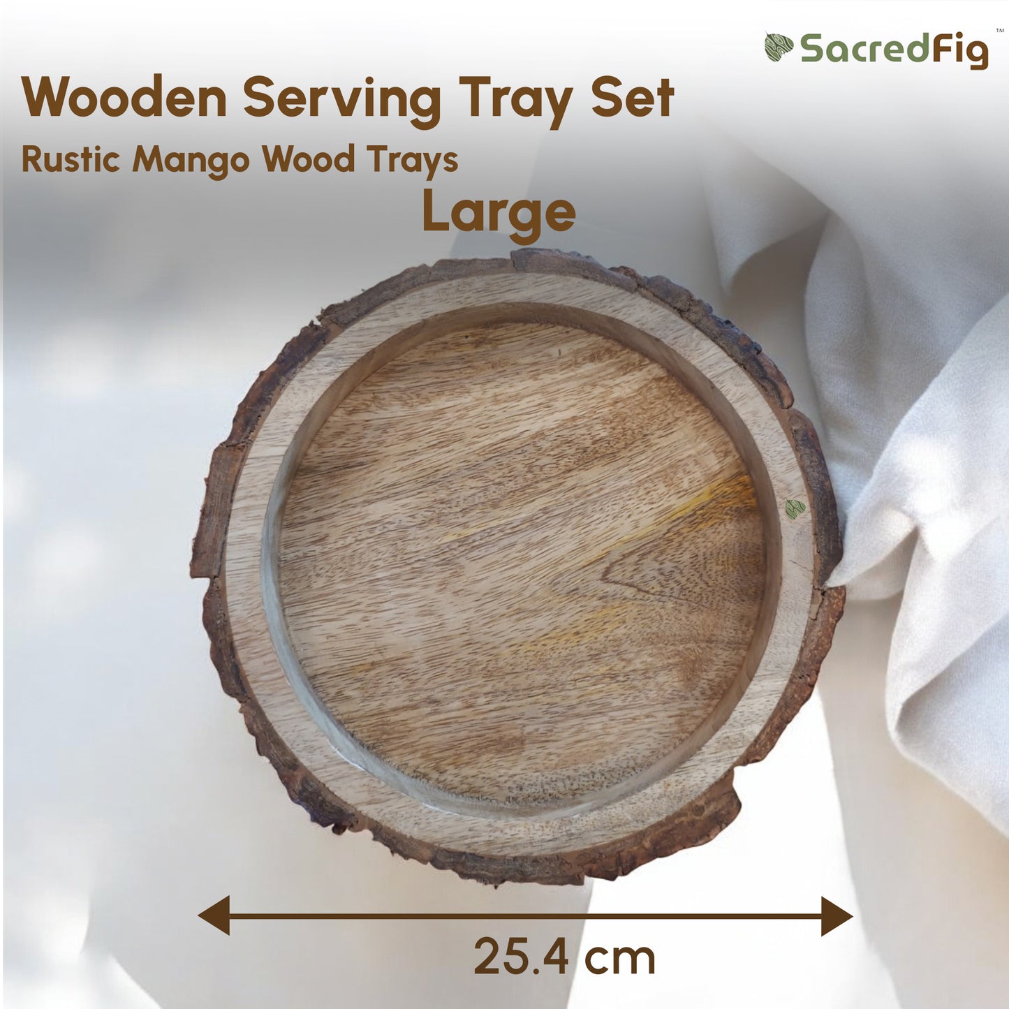 SacredFig Rustic Mango Round Wood Trays| Set of 3 Serving and Decorative Trays | S,M,L sizes