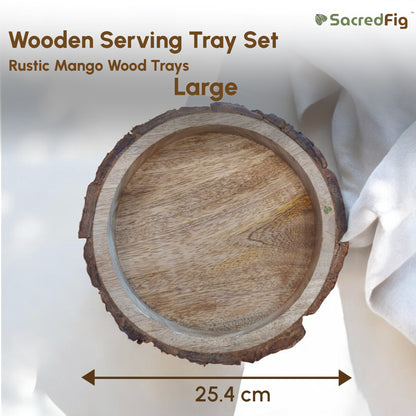 SacredFig Rustic Mango Round Wood Trays| Set of 3 Serving and Decorative Trays | S,M,L sizes