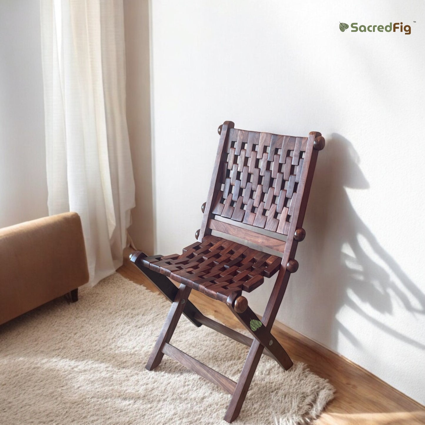 SacredFig Wooden Mesh Foldable Chair | Made of Solid Sheesham Wood (SF001) |