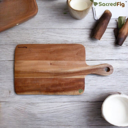 SacredFig Neem Wood Sandwich Platter cum Chopping Board | Round Edged with Handle Board | ~16 × 8 in