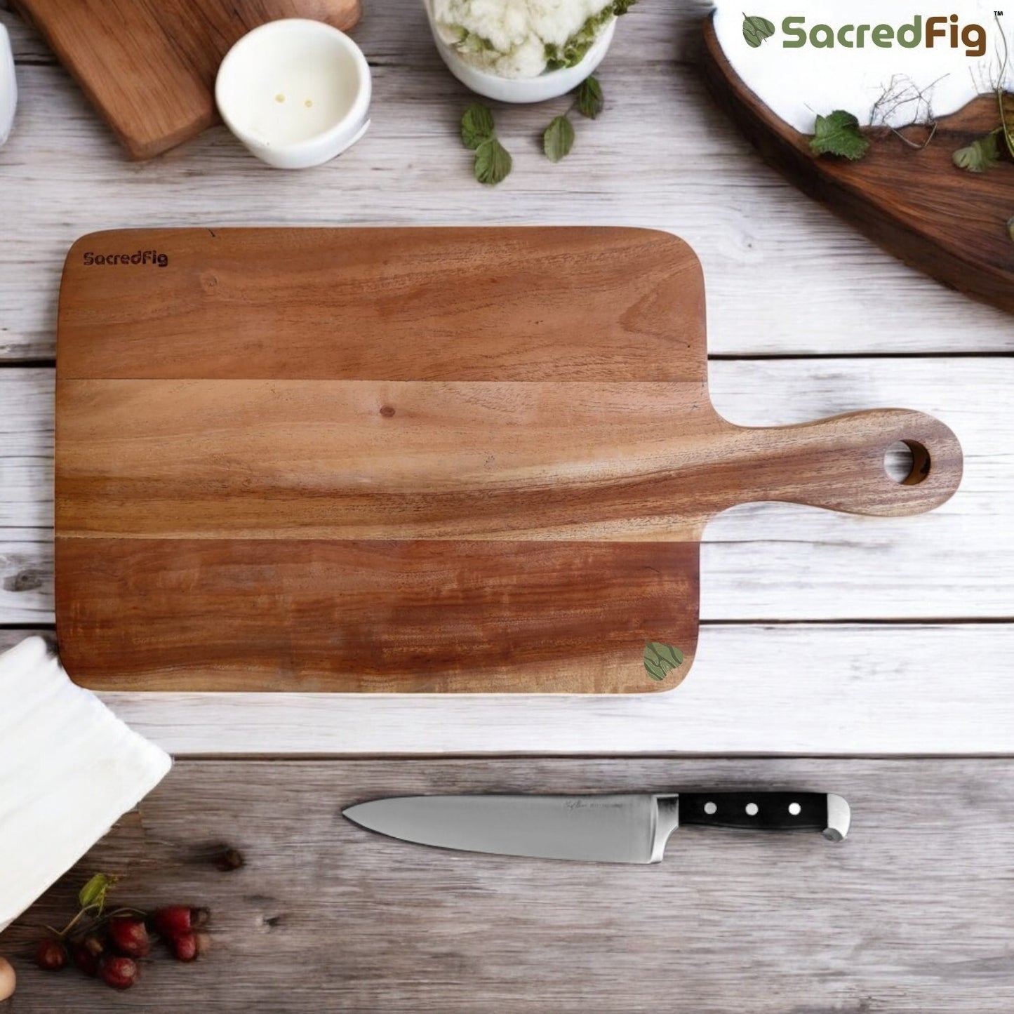 SacredFig Neem Wood Sandwich Platter cum Chopping Board | Round Edged with Handle Board | ~16 × 8 in
