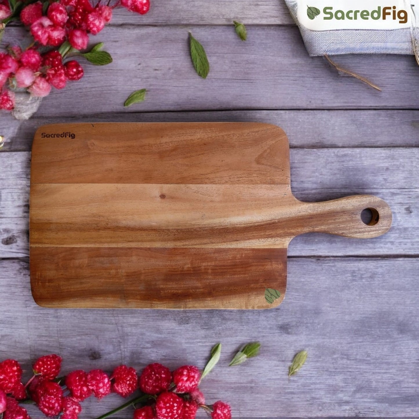 SacredFig Neem Wood Sandwich Platter cum Chopping Board | Round Edged with Handle Board | ~16 × 8 in