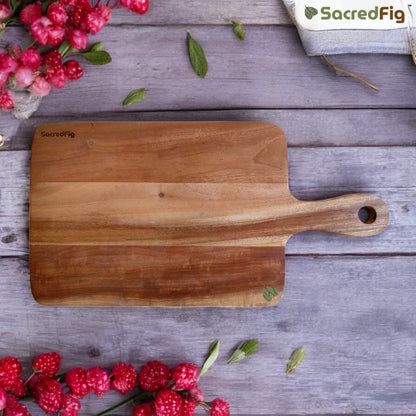 SacredFig Neem Wood Sandwich Platter cum Chopping Board | Round Edged with Handle Board | ~16 × 8 in