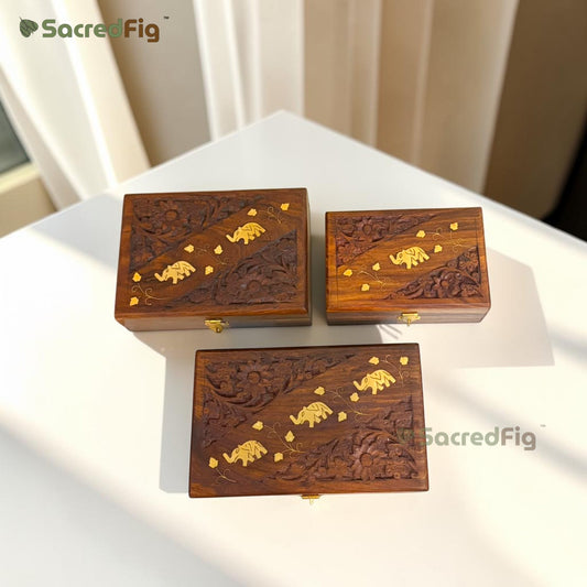 SacredFig Sheesham Wood Gift Box | Elephant Carving Design | Handcrafted Storage Box