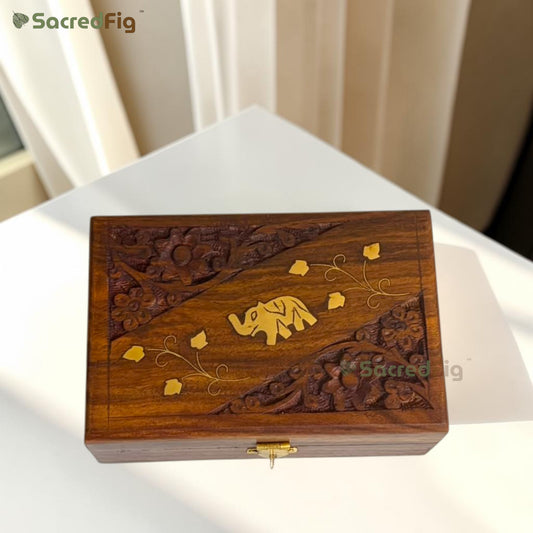 SacredFig Sheesham Wood Gift Box | Elephant Carving Design | Handcrafted Storage Box