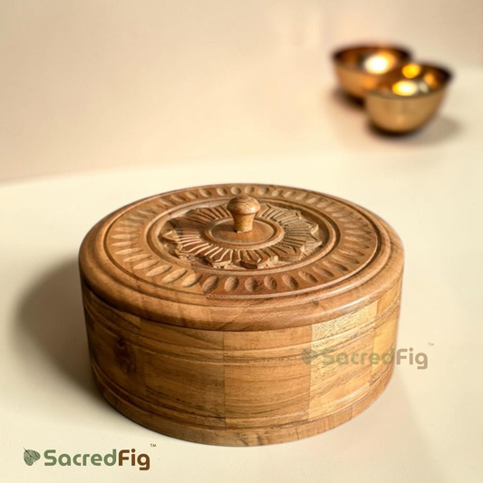 SacredFig Acacia Rosette Gift Box | Round Handcrafted Wooden Gift Box & Dry Fruit Box