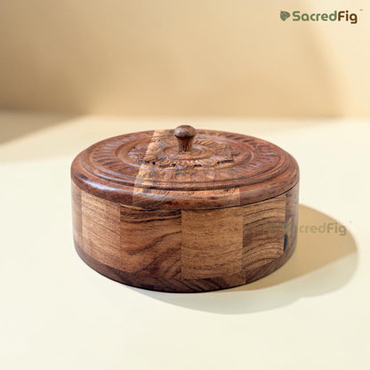 SacredFig Acacia Rosette Gift Box | Round Handcrafted Wooden Gift Box & Dry Fruit Box| Rosette Design for Gifting & Storage - M