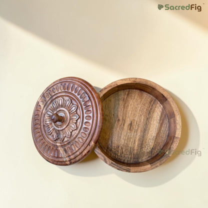 SacredFig Acacia Rosette Gift Box | Round Handcrafted Wooden Gift Box & Dry Fruit Box| Rosette Design for Gifting & Storage - M